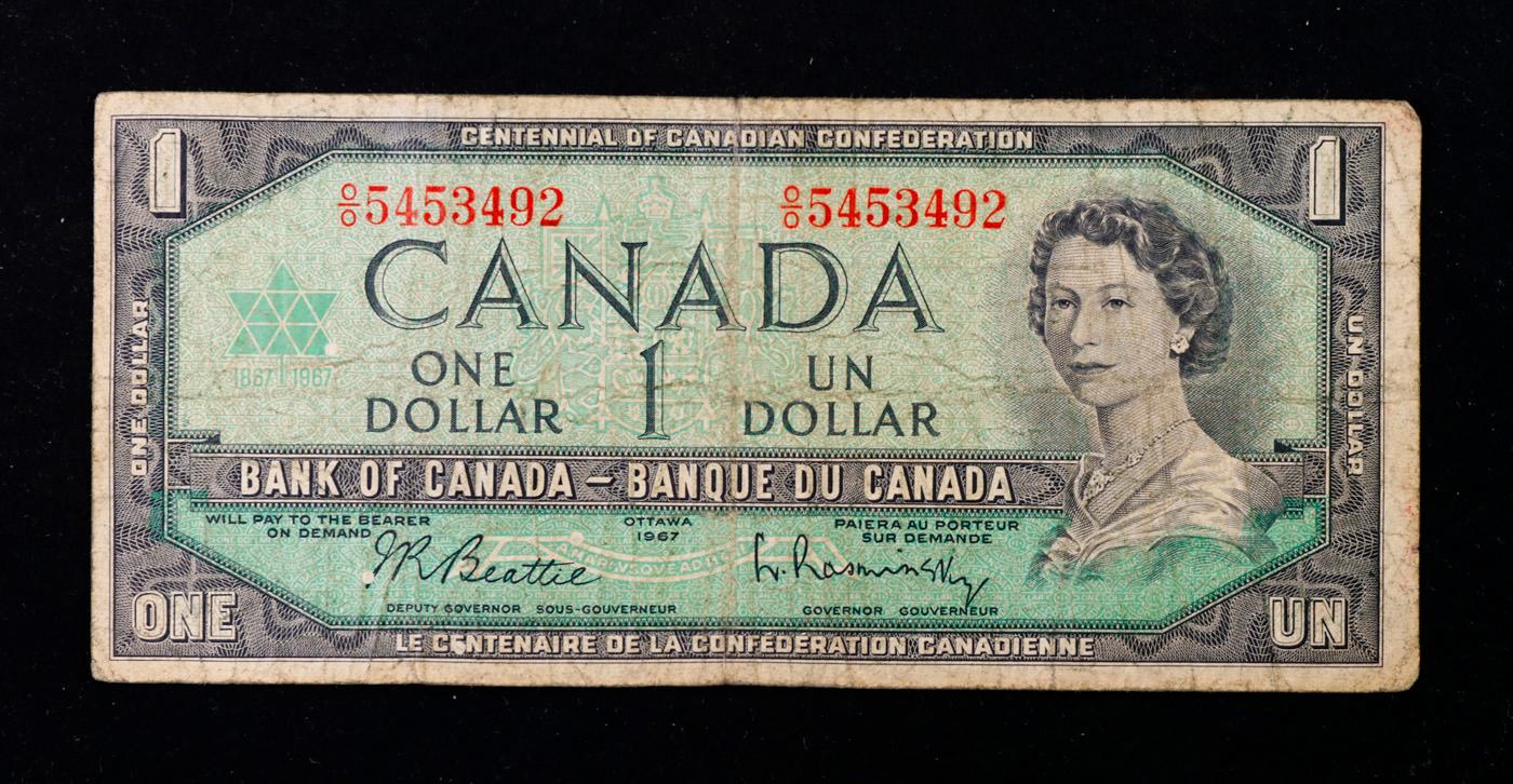 1967 Canada Centennial Issue $1 Banknote P# 84b, Sig. Beattie & Rasminsky Grades vf+