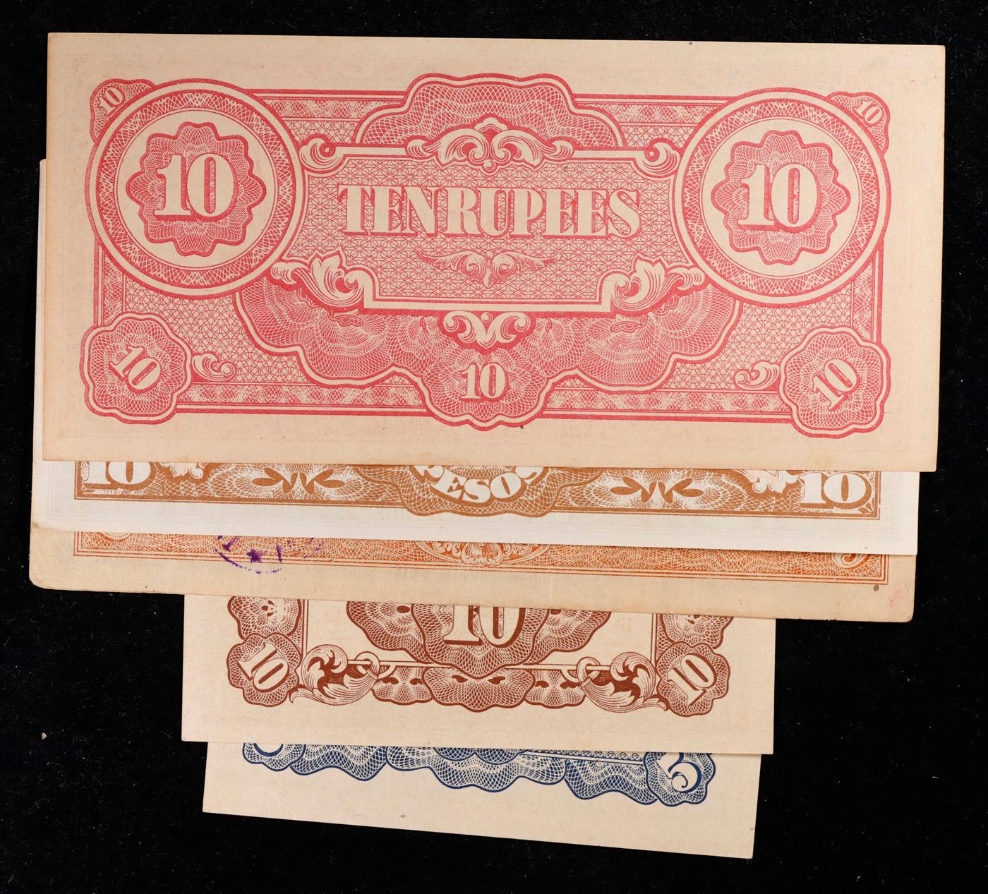 Lot of 5 Japanese WWII Invasion Money "JIM" Notes, Various Countries & Denominations Grades