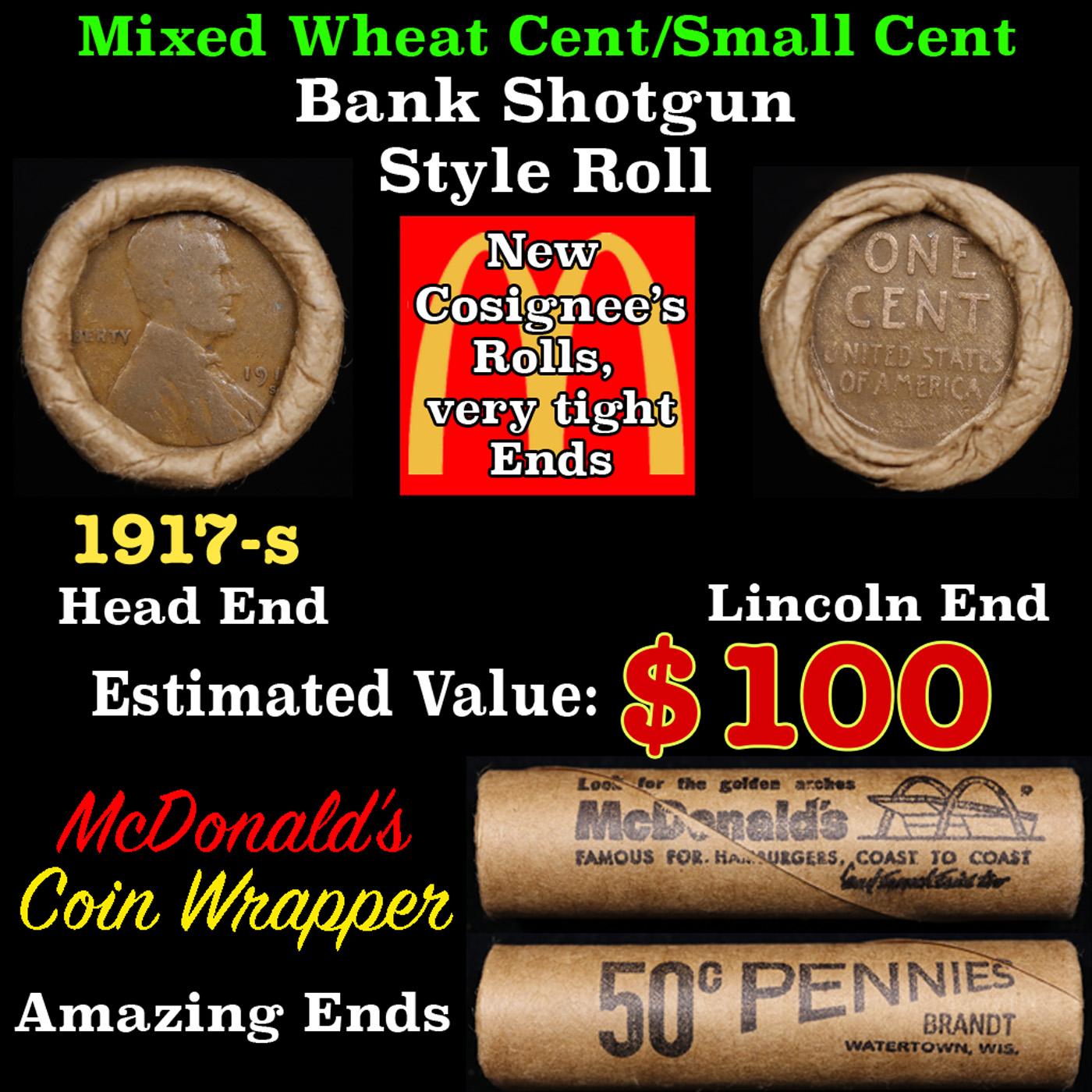 Lincoln Wheat Cent 1c Mixed Roll Orig Brandt McDonalds Wrapper, 1917-s end, Wheat other end