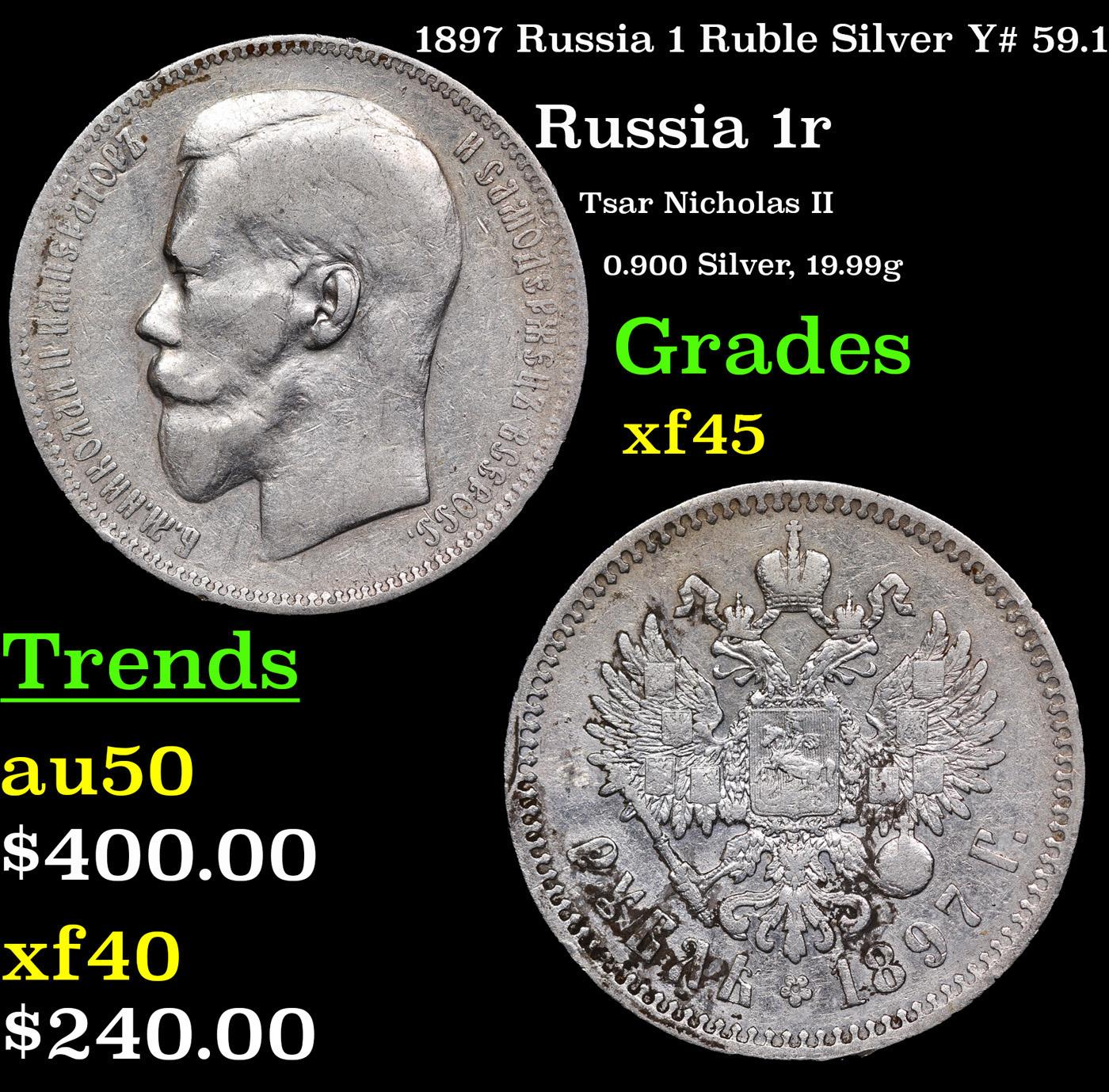 1897 Russia 1 Ruble Silver Y# 59.1 Grades xf+