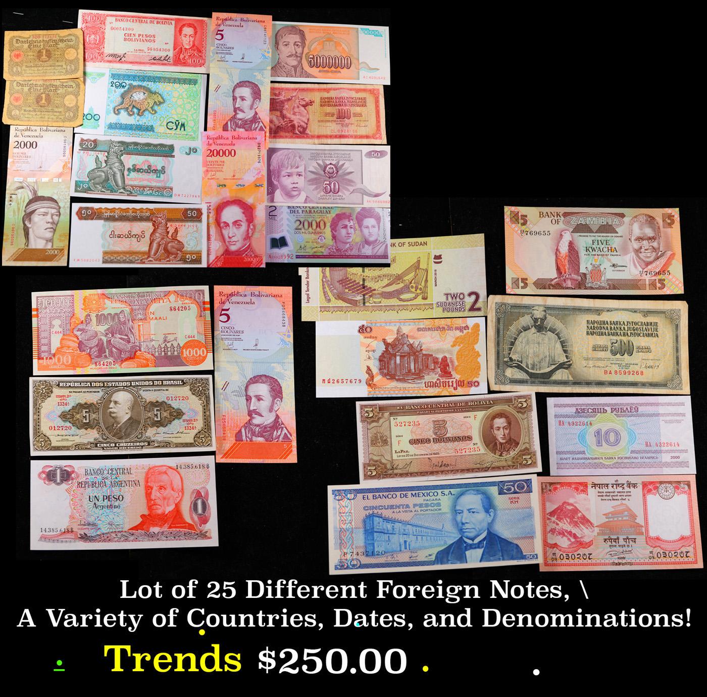 Lot of 25 Different Foreign Notes, A Variety of Countries, Dates, and Denominations!