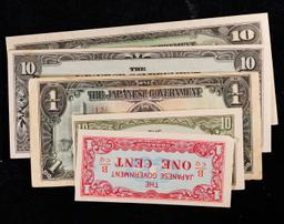 Lot of 5 Japanese WWII Invasion Money "JIM" Notes, Various Countries & Denominations Grades