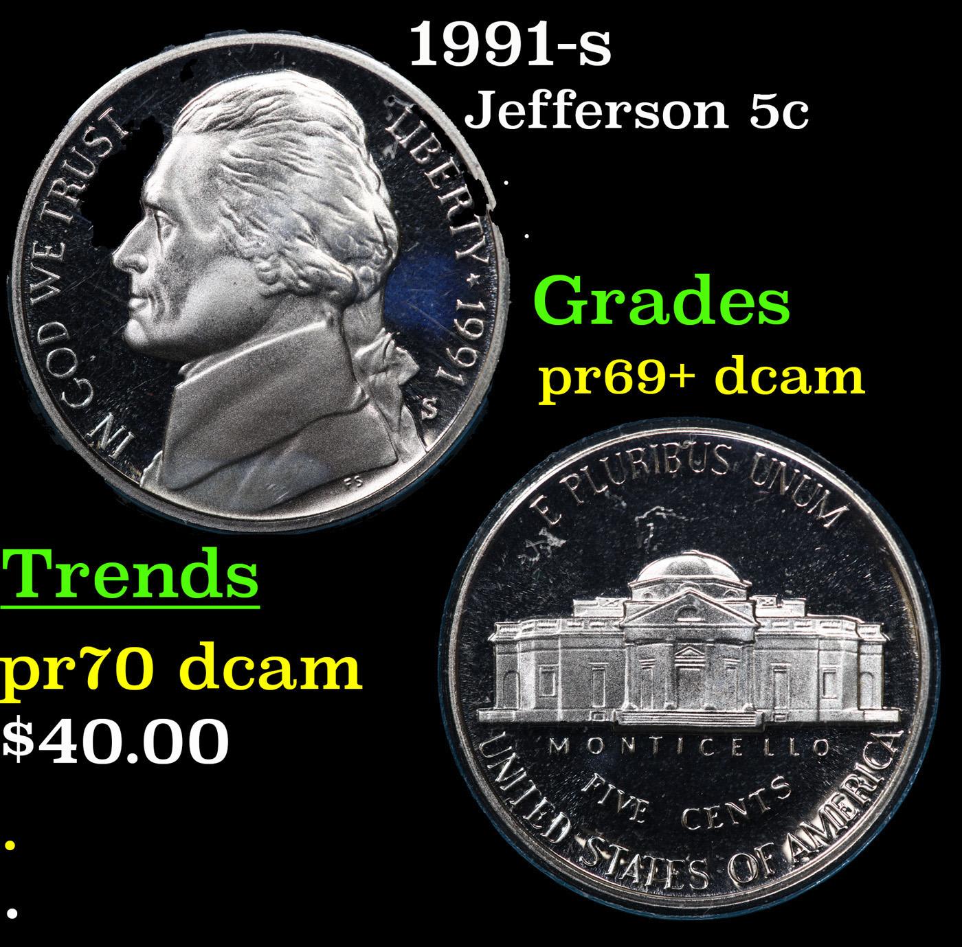 Proof 1991-s Jefferson Nickel 5c Grades GEM++ Proof Deep Cameo