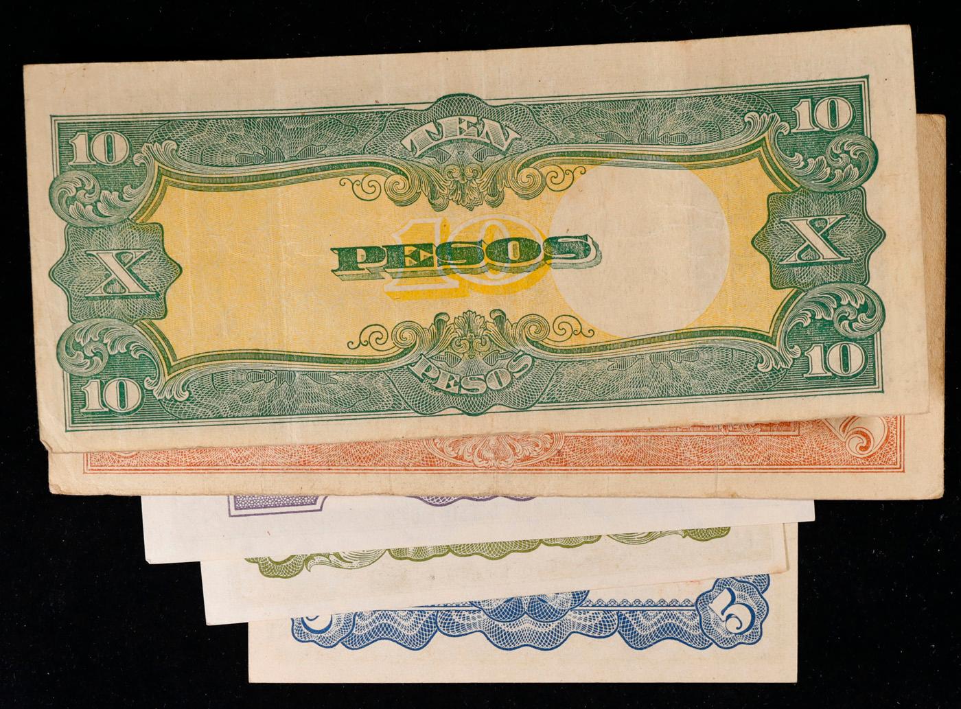 Lot of 5 Japanese WWII Invasion Money "JIM" Notes, Various Countries & Denominations Grades