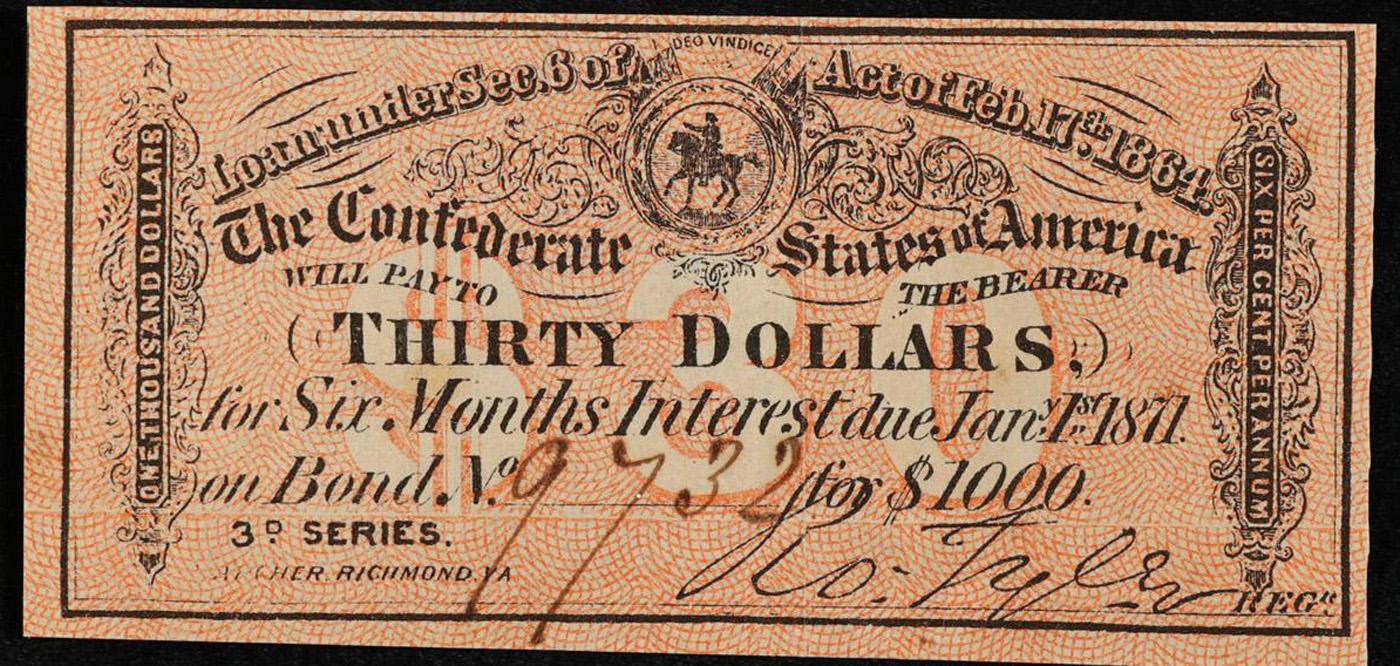 1864 3rd Series Confederate States Thirty Dollars Note Grades Select CU