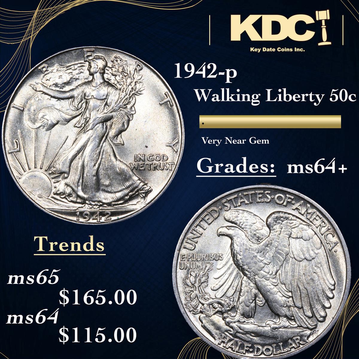 1942-p Walking Liberty Half Dollar 50c Grades Choice+ Unc