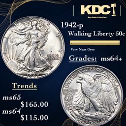 1942-p Walking Liberty Half Dollar 50c Grades Choice+ Unc