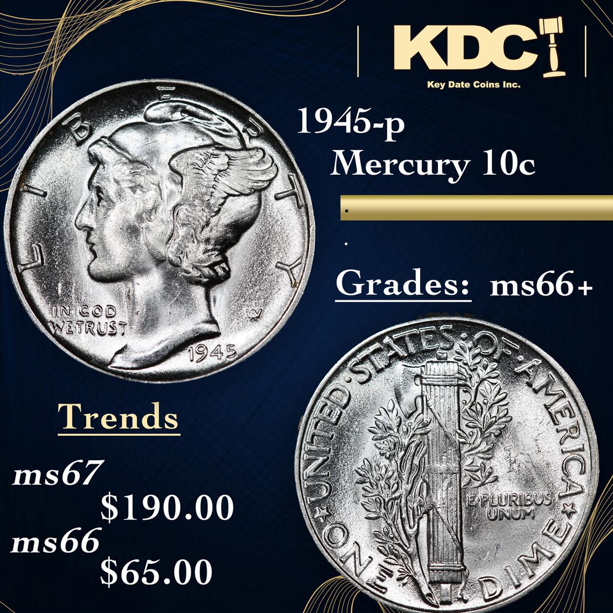 1945-p Mercury Dime 10c Grades GEM++ Unc