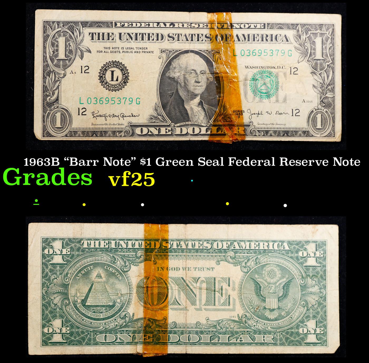 1963B $1 Green Seal Federal Reserve Note Grades vf+