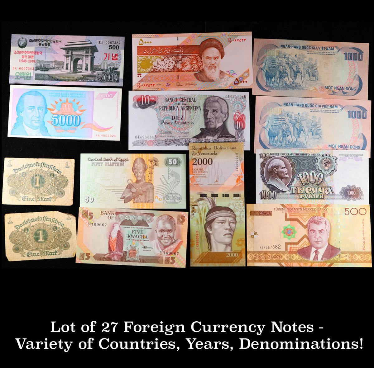 Lot of 27 Foreign Currency Notes - Variety of Countries, Years, Denominations!