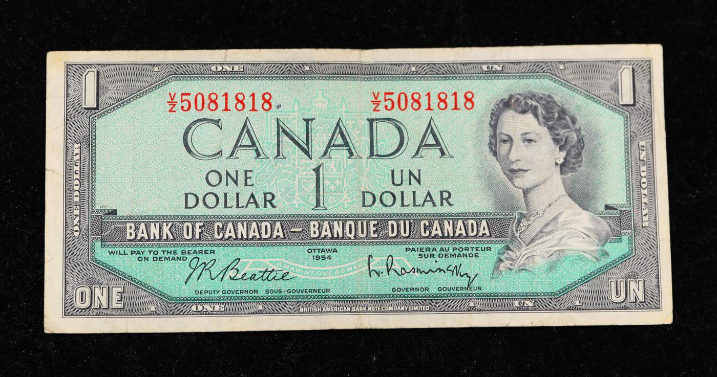 1954 Canada 1 Dollar Banknote P# 75b, Sig. Beattie & Rasminsky Grades vf++