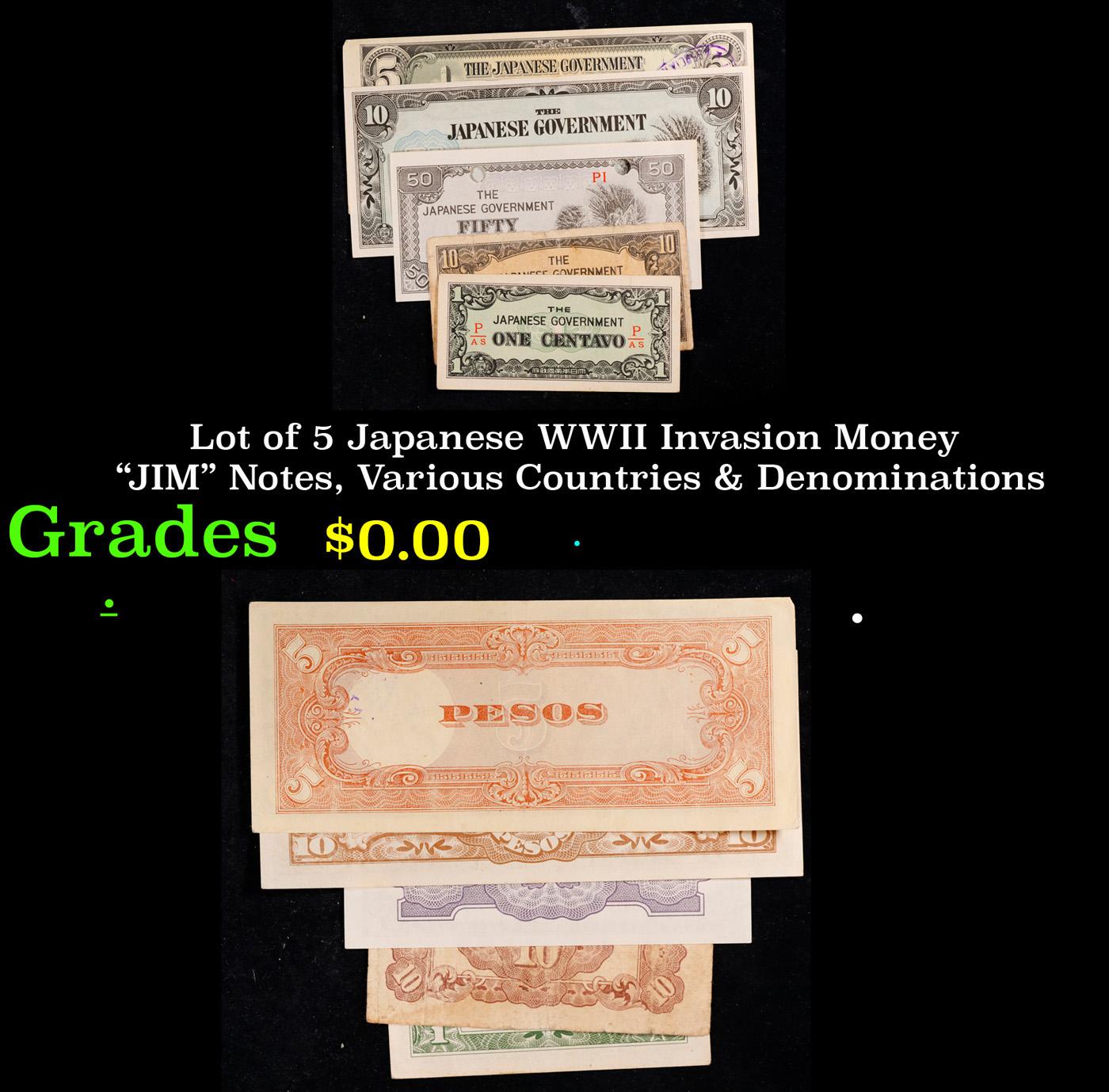 Lot of 5 Japanese WWII Invasion Money "JIM" Notes, Various Countries & Denominations Grades