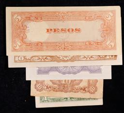 Lot of 5 Japanese WWII Invasion Money "JIM" Notes, Various Countries & Denominations Grades