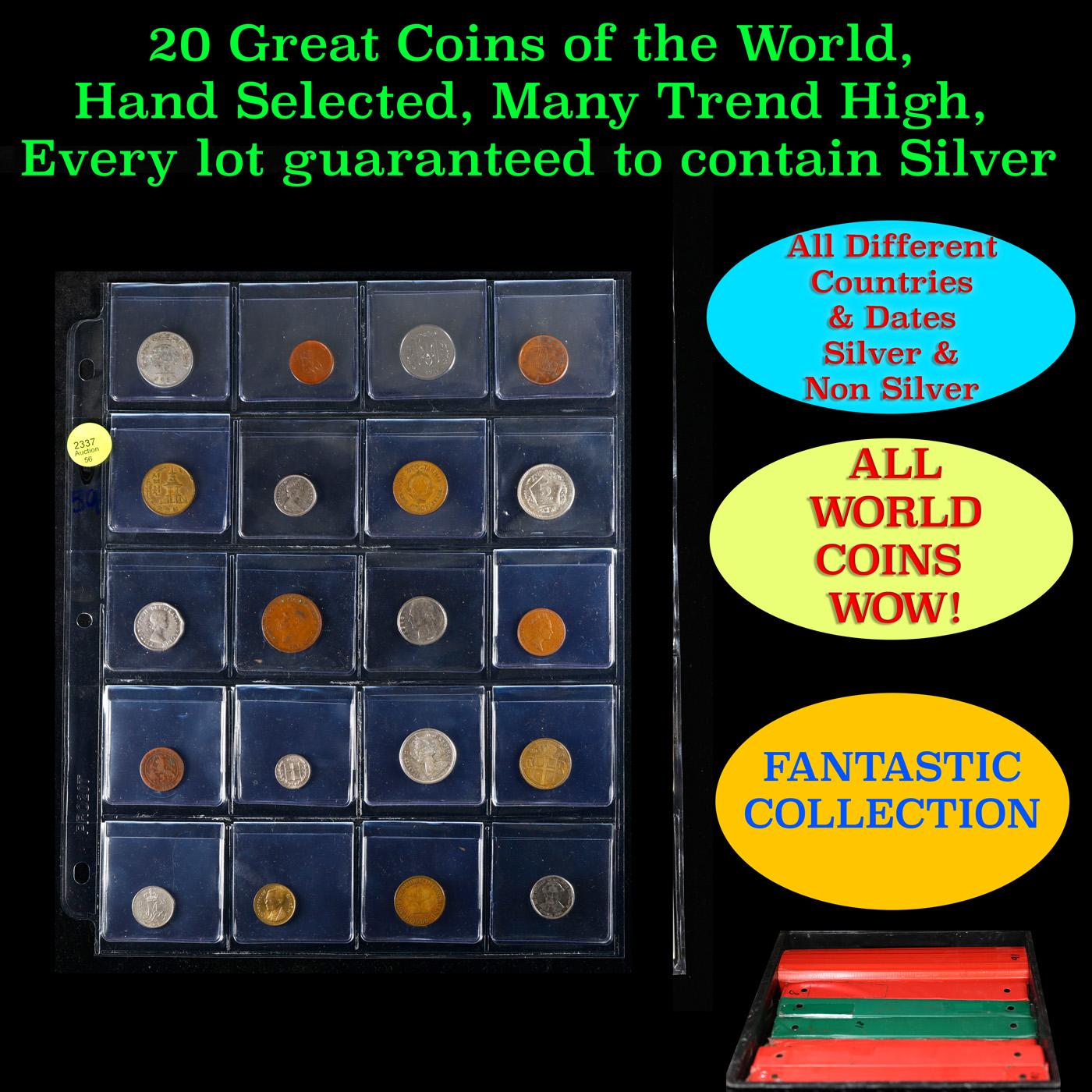 20 Great Coins of the World, hand selected, many trend high, every lot guaranteed to contain Silver.