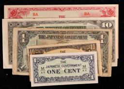 Lot of 5 Japanese WWII Invasion Money "JIM" Notes, Various Countries & Denominations Grades