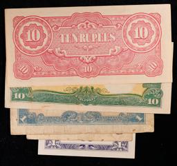 Lot of 5 Japanese WWII Invasion Money "JIM" Notes, Various Countries & Denominations Grades