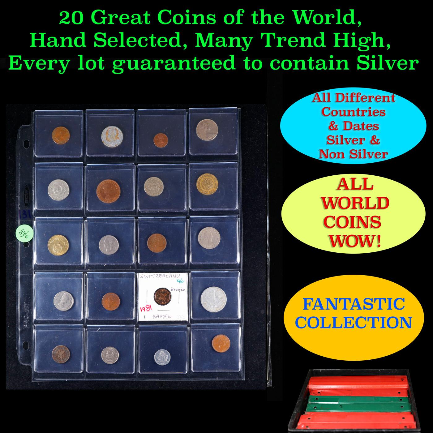 20 Great Coins of the World, hand selected, many trend high, every lot guaranteed to contain Silver.