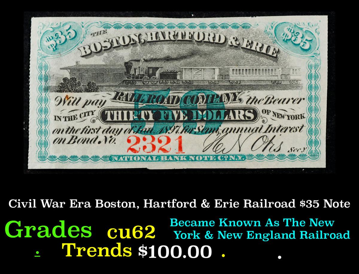 Civil War Era Boston, Hartford & Erie Railroad $35 Note Grades Select CU