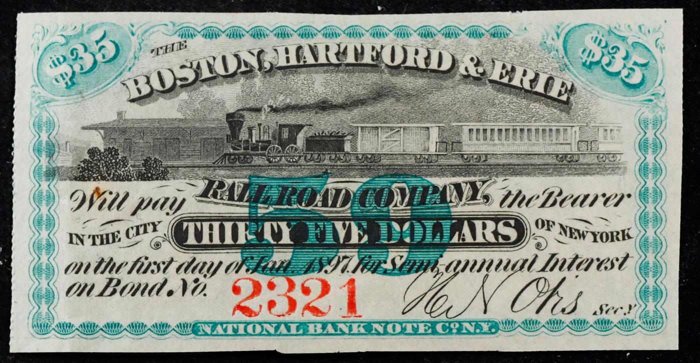 Civil War Era Boston, Hartford & Erie Railroad $35 Note Grades Select CU