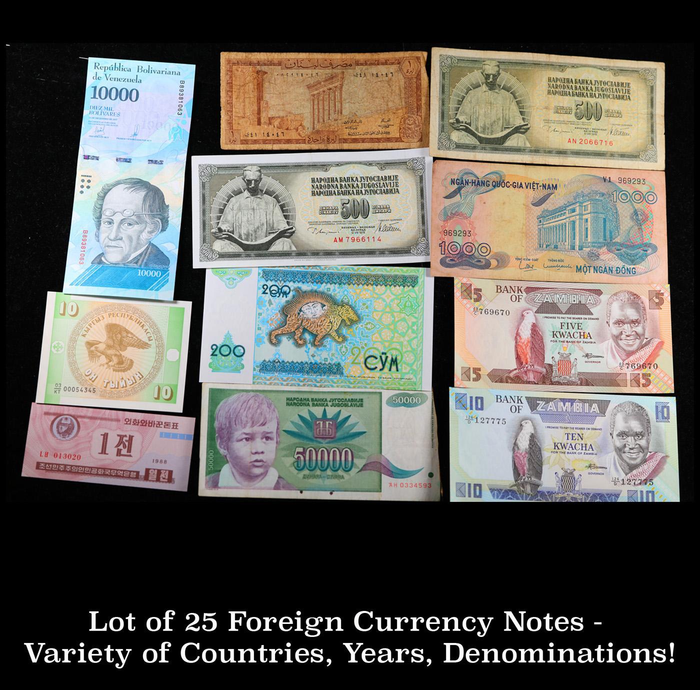 Lot of 25 Foreign Currency Notes - Variety of Countries, Years, Denominations!