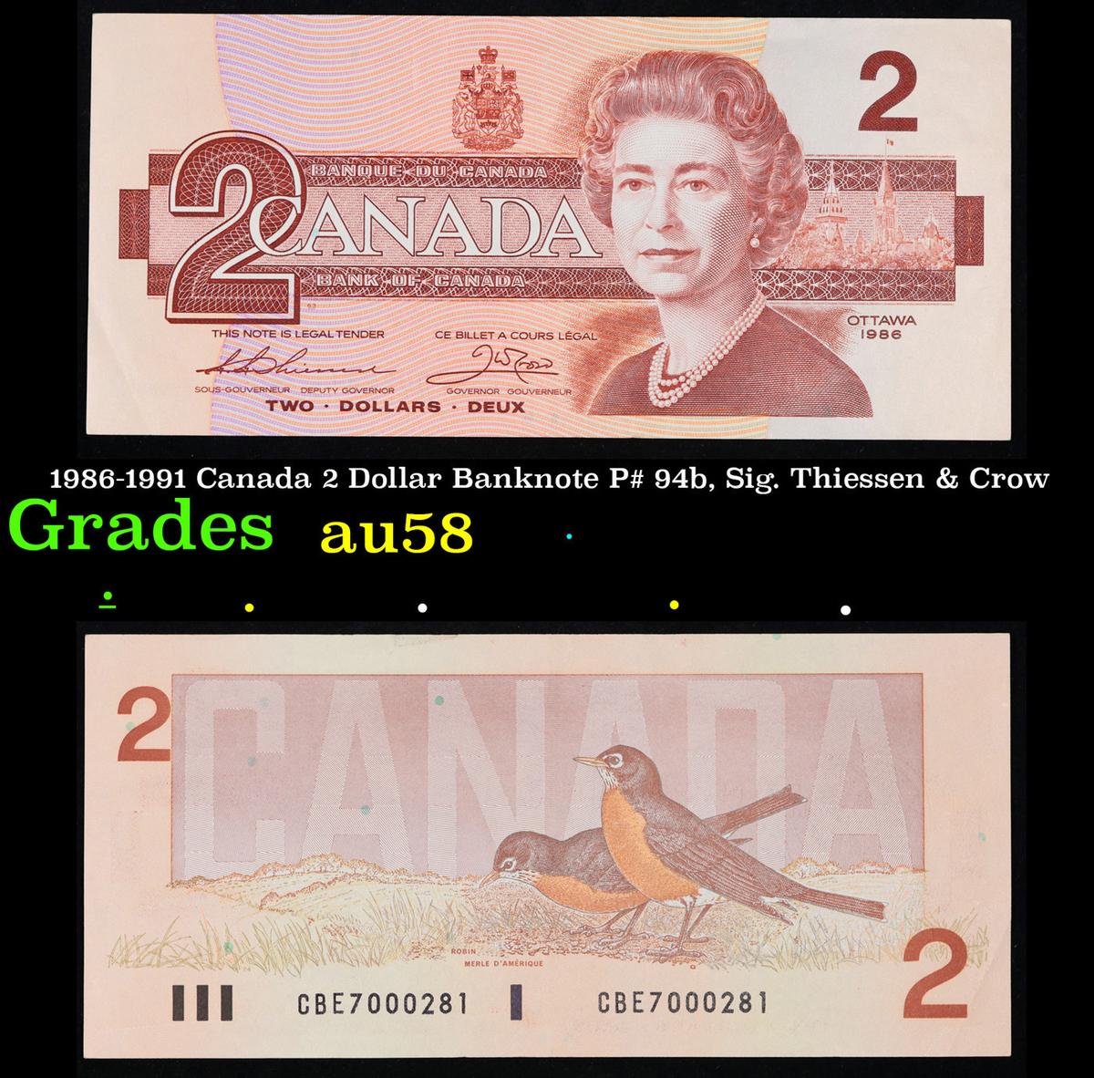 1986-1991 Canada 2 Dollar Banknote P# 94b, Sig. Thiessen & Crow Grades Choice AU/BU Slider