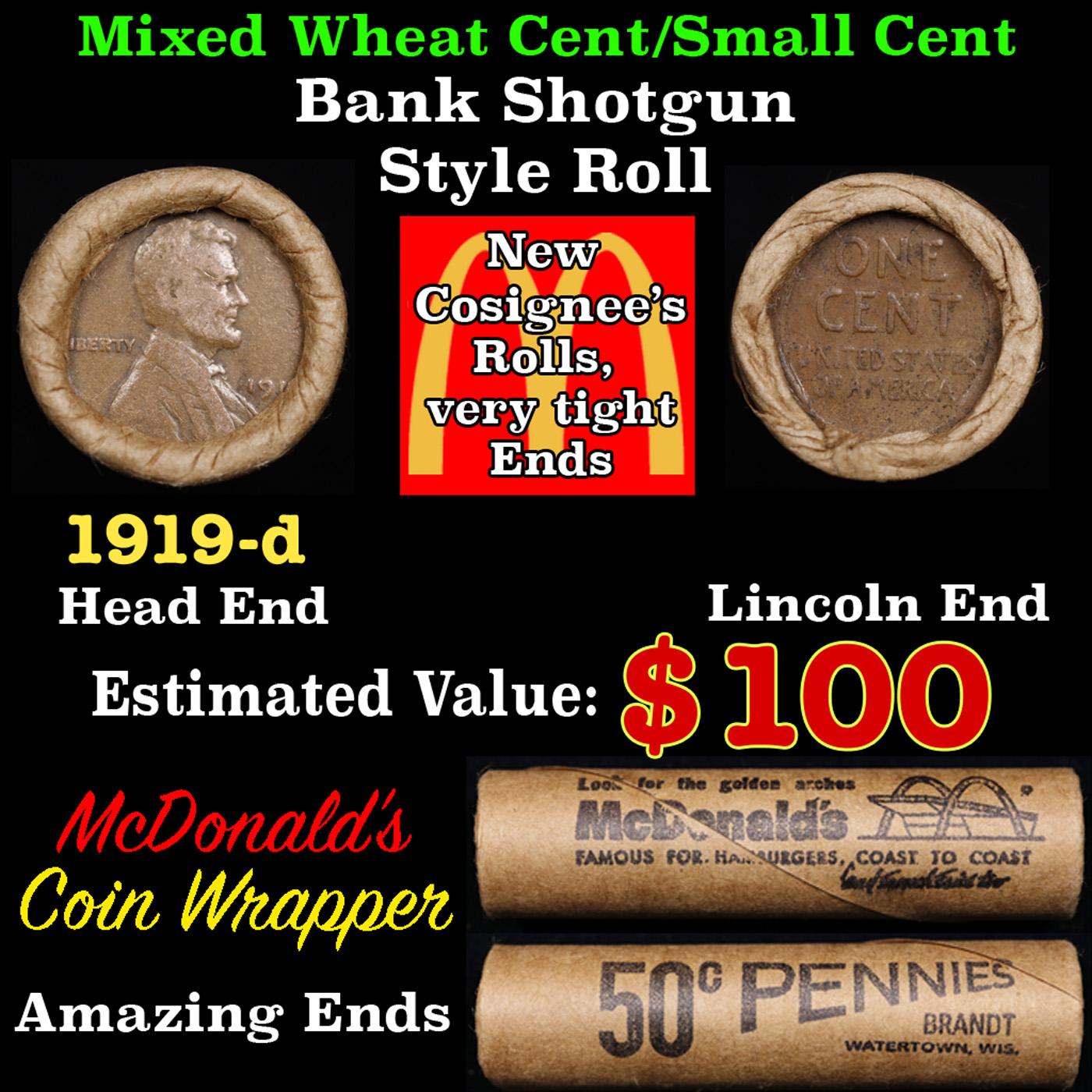 Lincoln Wheat Cent 1c Mixed Roll Orig Brandt McDonalds Wrapper, 1919-d end, Wheat other end