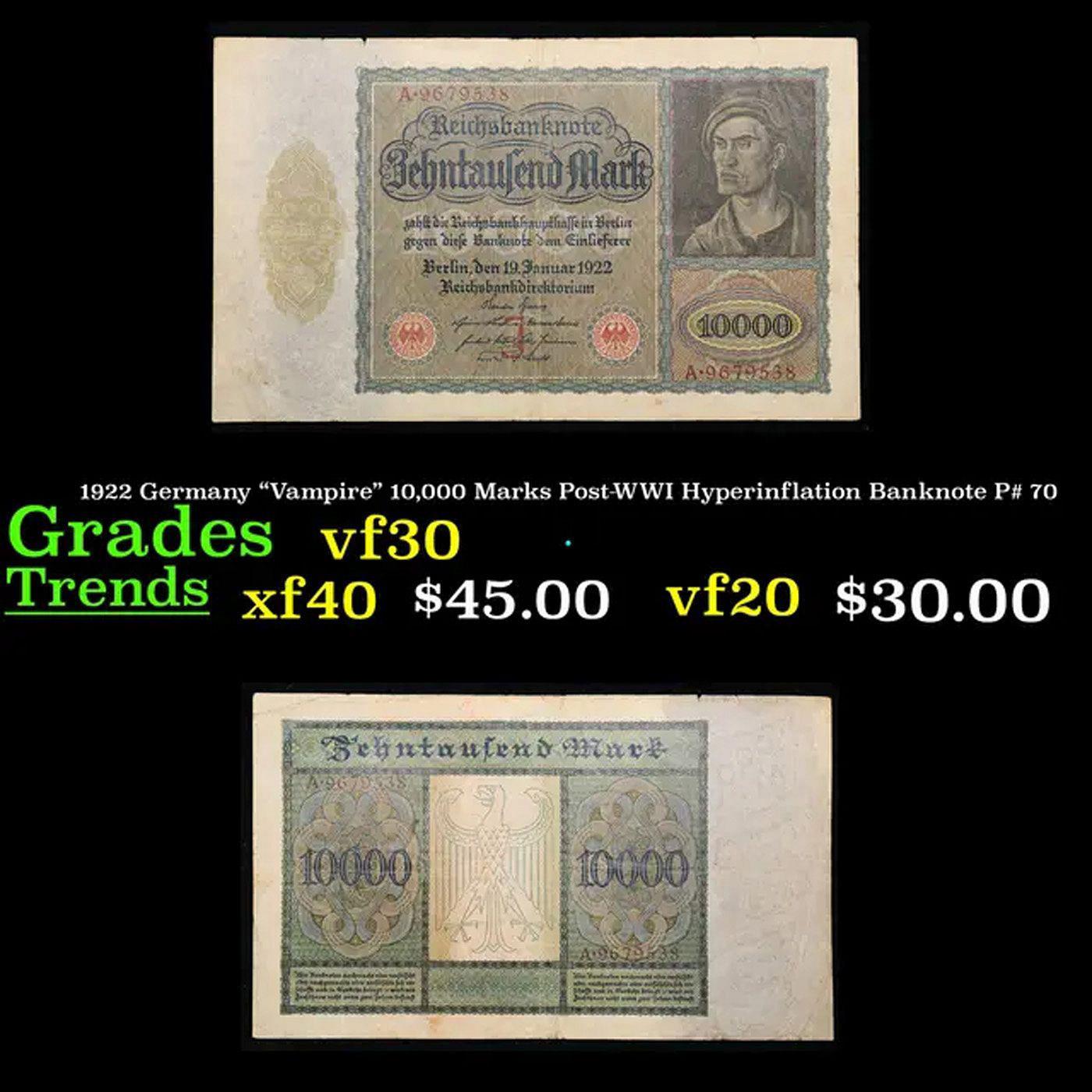 1922 Weimar Germany 10,000 Marks "Vampire" Hyperinflation Banknote P# 70 Grades vf++