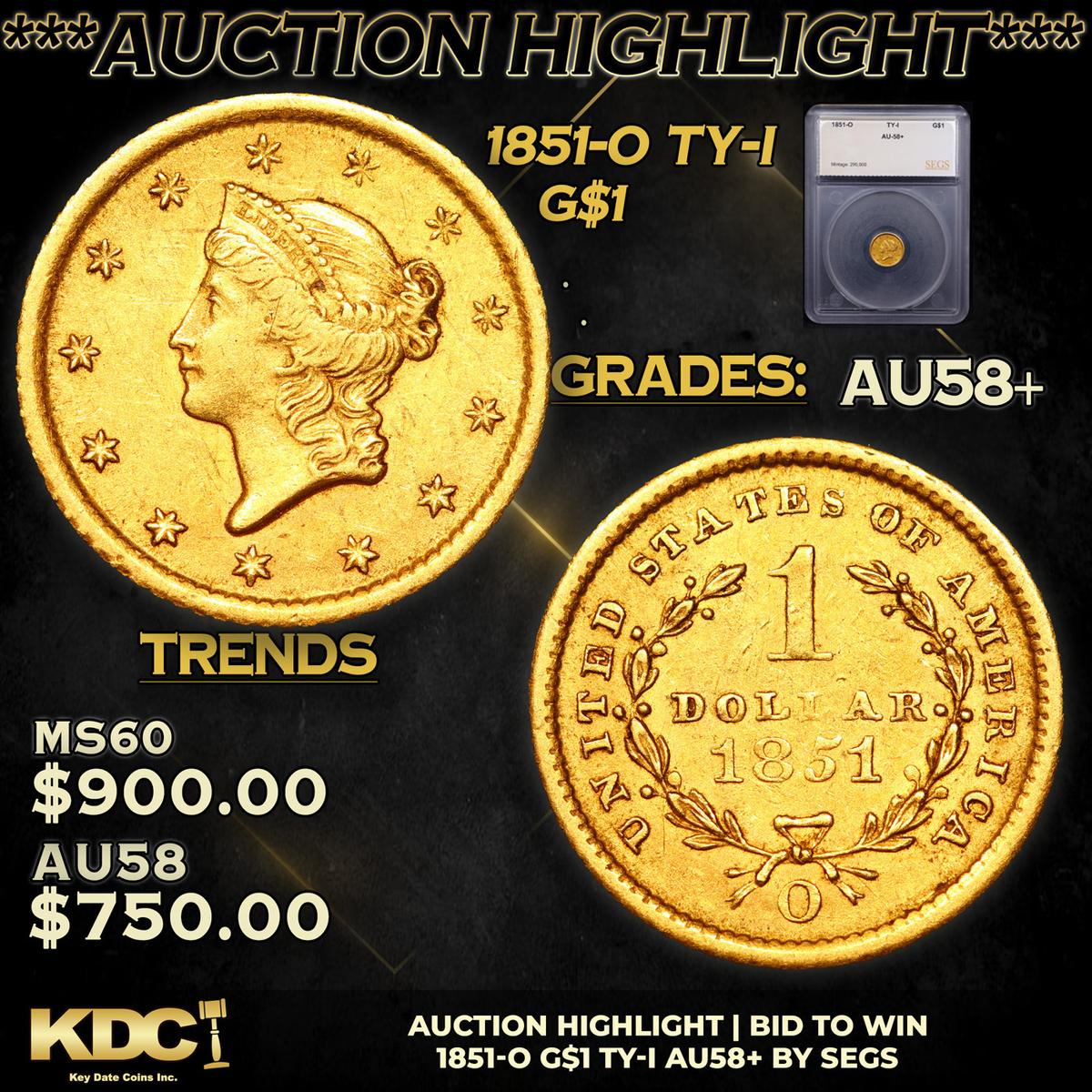 ***Auction Highlight*** 1851-o Gold Dollar TY-I 1 Graded au58+ By SEGS (fc)