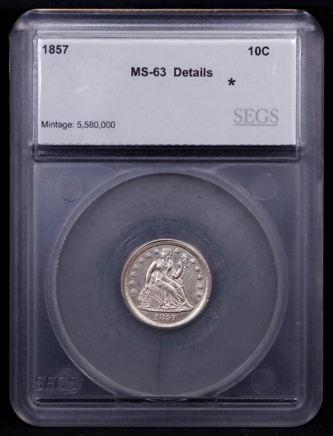 ***Auction Highlight*** 1857-p Seated Liberty Dime 10c Graded ms63 details By SEGS (fc)