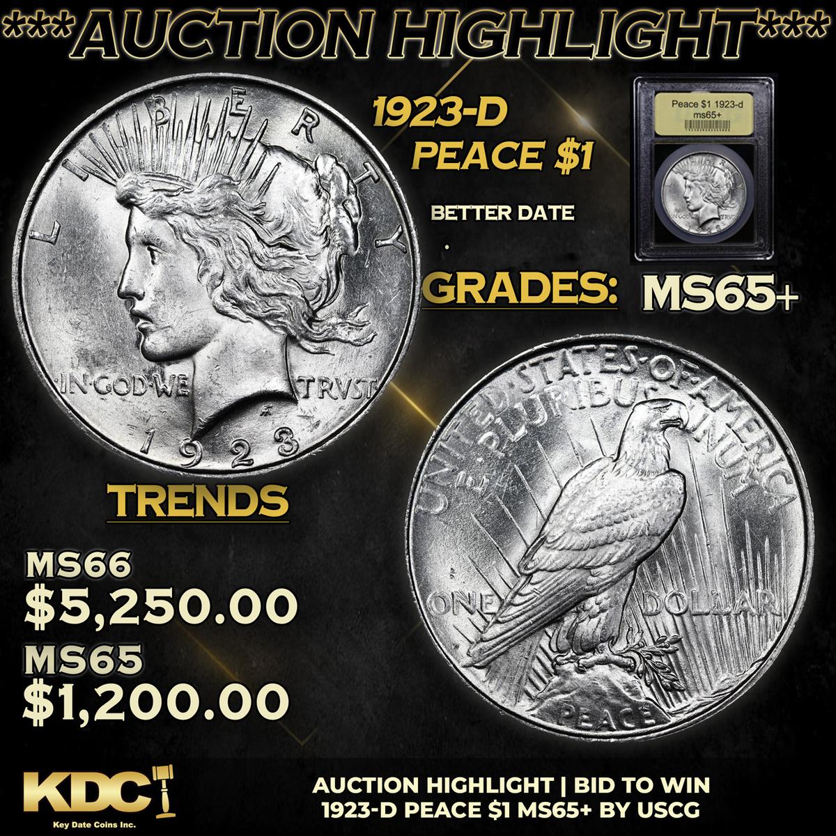 ***Auction Highlight*** 1923-d Peace Dollar $1 Graded GEM+ Unc BY USCG (fc)