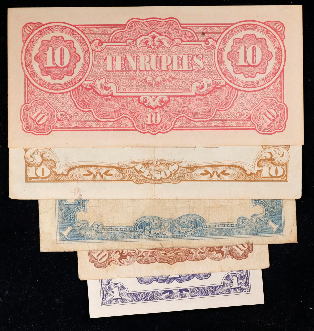 Lot of 5 Japanese WWII Invasion Money "JIM" Notes, Various Countries & Denominations Grades