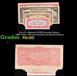 Lot of 5 Japanese WWII Invasion Money "JIM" Notes, Various Countries & Denominations Grades