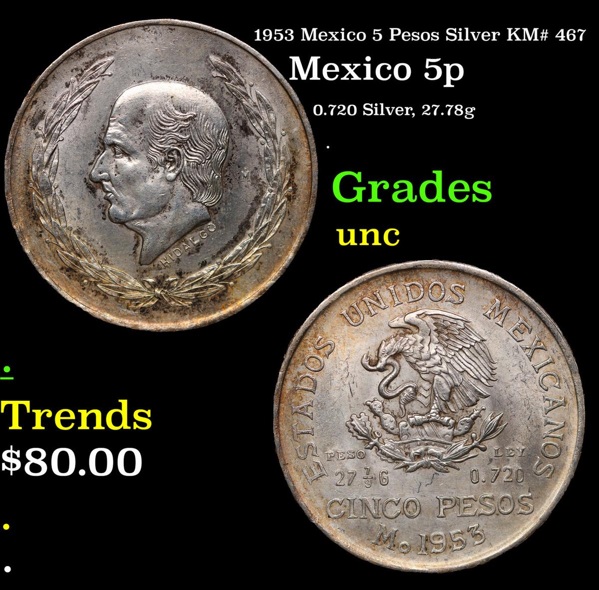 1953 Mexico 5 Pesos Silver KM# 467 Grades Brilliant Uncirculated