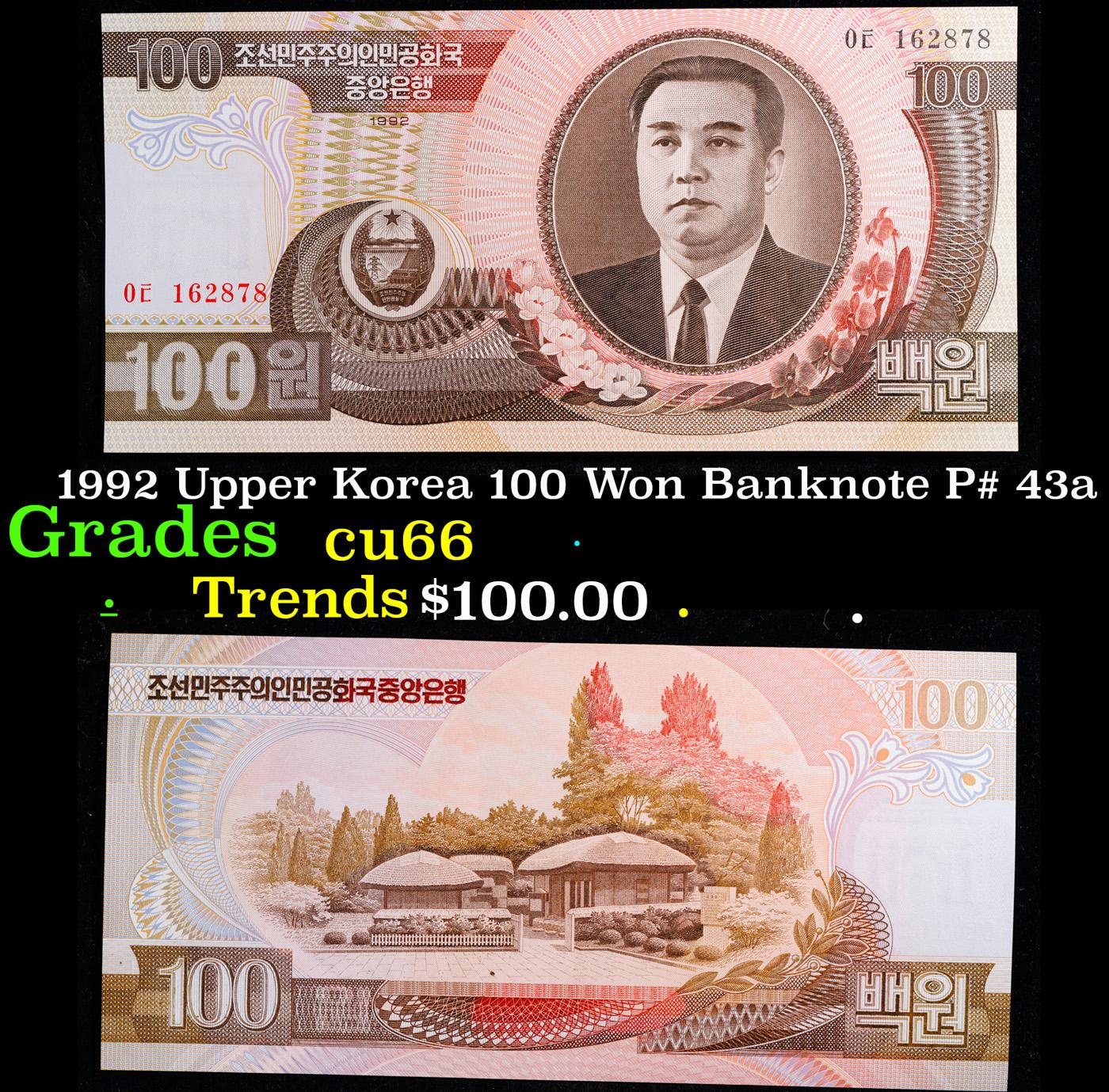 1992 Upper Korea 100 Won Banknote P# 43a Grades Gem+ CU