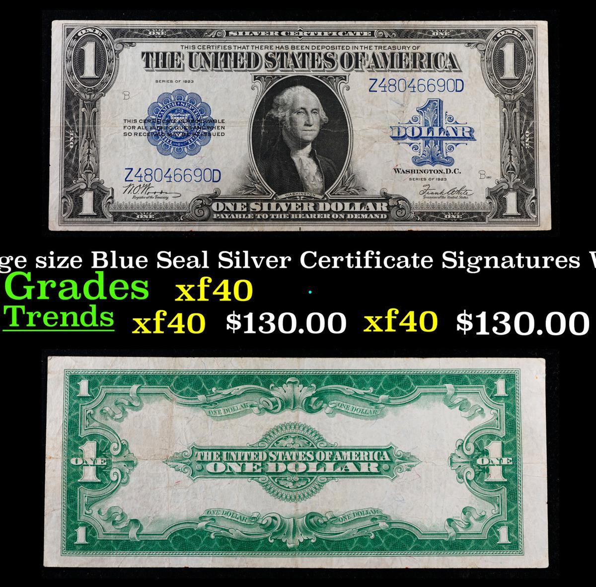 1923 $1 large size Blue Seal Silver Certificate Grades xf Signatures Woods/White