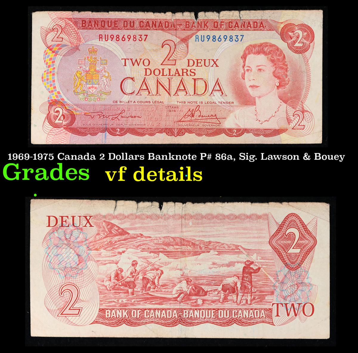 1969-1975 Canada 2 Dollars Banknote P# 86a, Sig. Lawson & Bouey Grades vf details