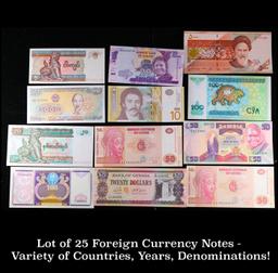 Lot of 25 Foreign Currency Notes - Variety of Countries, Years, Denominations!