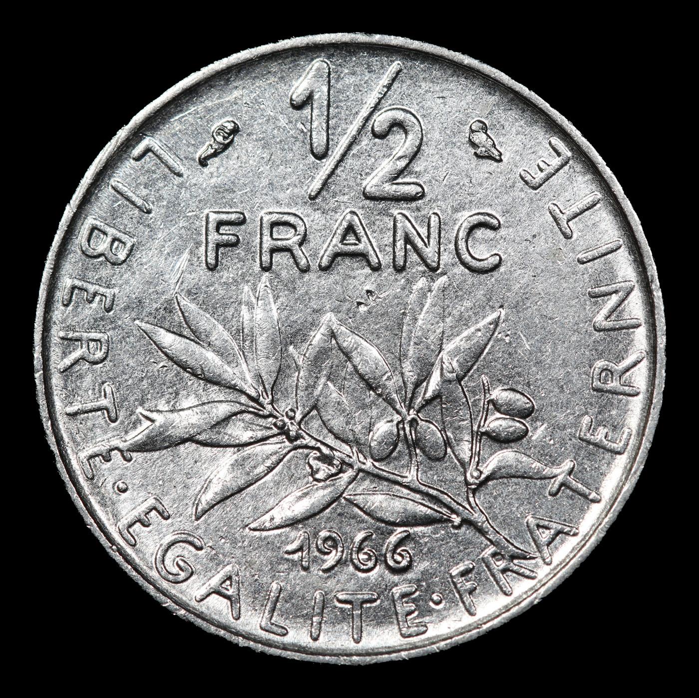 1966 France 1/2 Franc KM# 931.1 Grades Choice AU/BU Slider