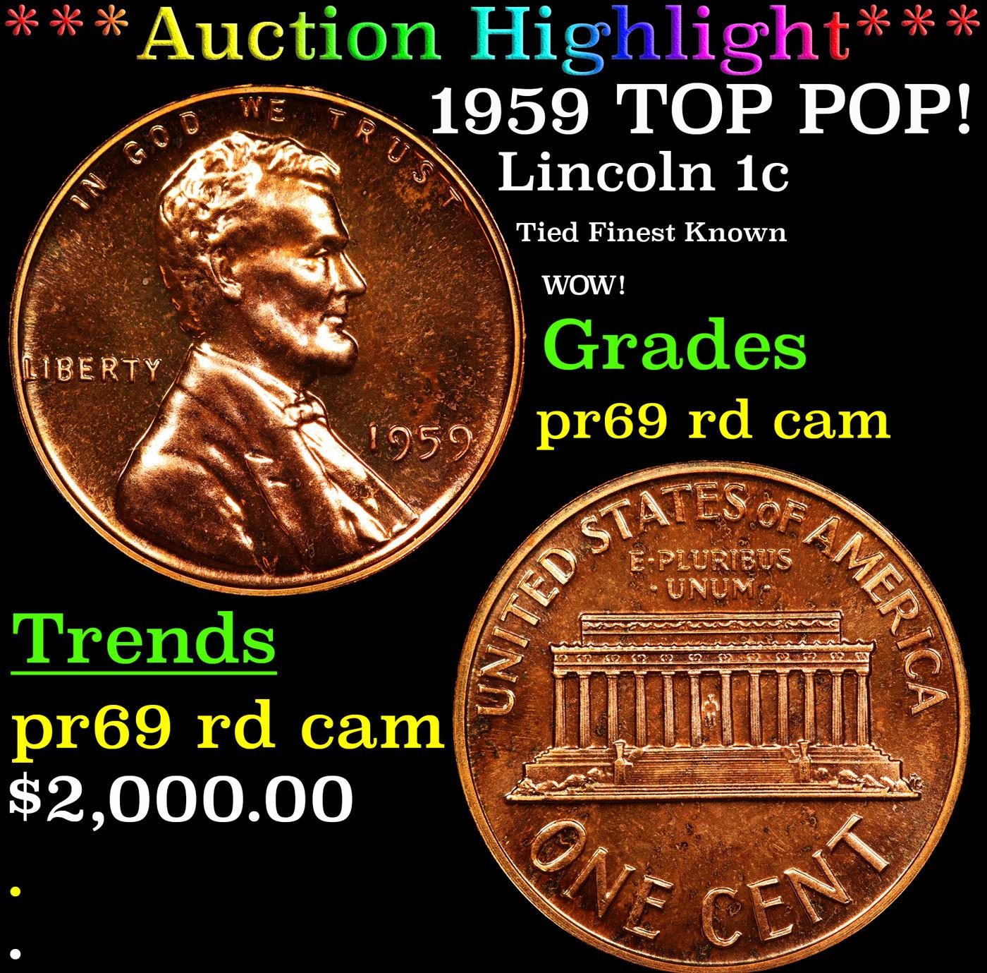 Proof ***Auction Highlight*** 1959 Lincoln Cent TOP POP! 1c Graded pr69 rd cam BY SEGS (fc)