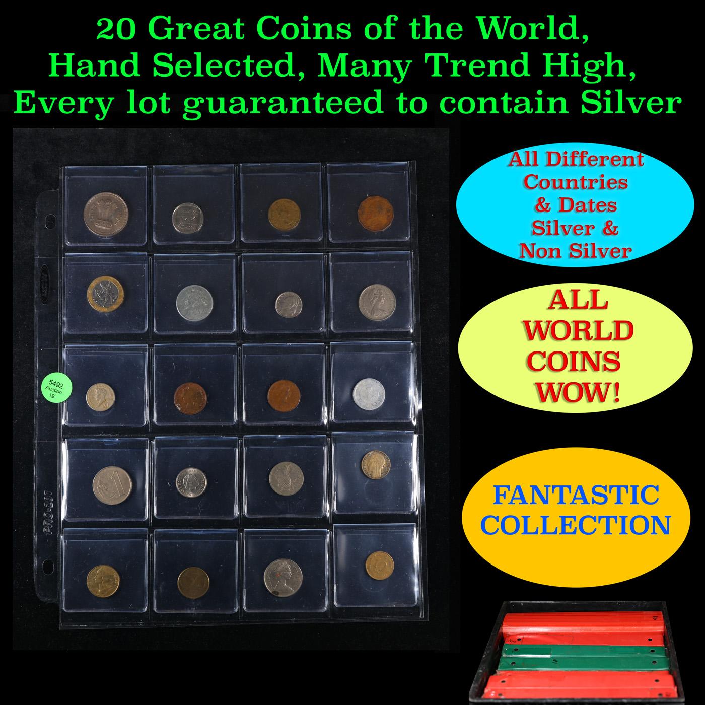 20 Great Coins of the World, hand selected, many trend high, every lot guaranteed to contain Silver.