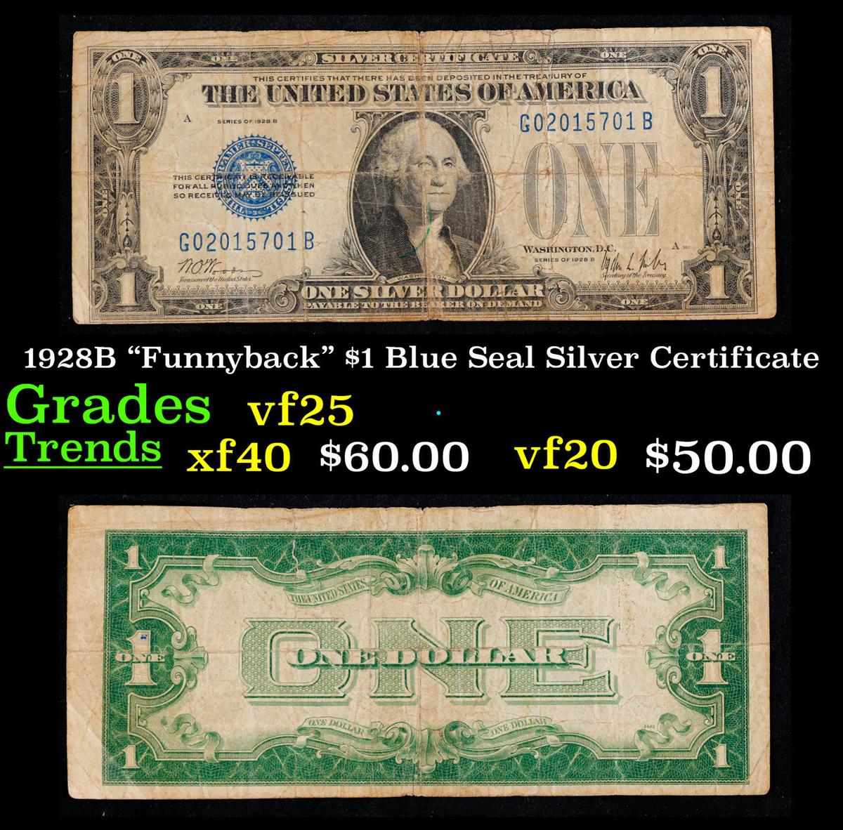 1928B "Funnyback" $1 Blue Seal Silver Certificate Grades vf+