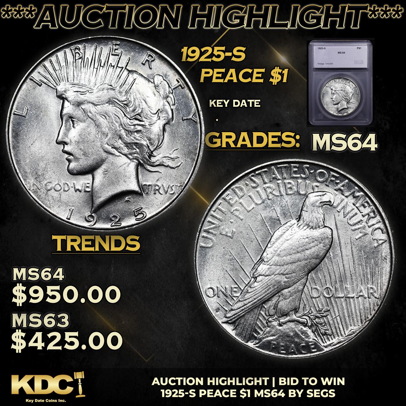 ***Auction Highlight*** 1925-s Peace Dollar $1 Graded ms64 BY SEGS (fc)