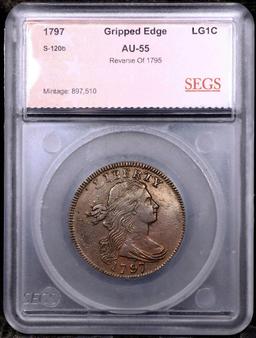 ***Auction Highlight*** 1797 Gripped edge Rev '95 Draped Bust Large Cent S-120b 1c Graded au55 By SE