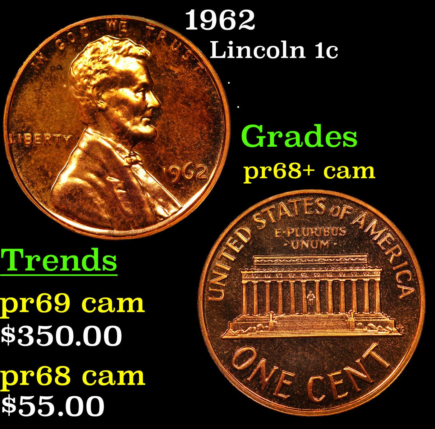 Proof 1962 Lincoln Cent 1c Grades GEM++ Proof Cameo