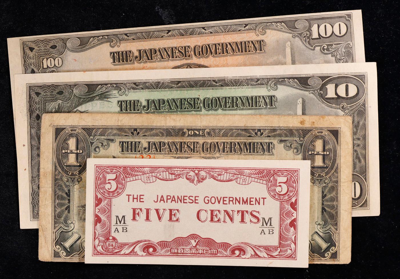 Lot of 5 Japanese WWII Invasion Money "JIM" Notes, Various Countries & Denominations Grades