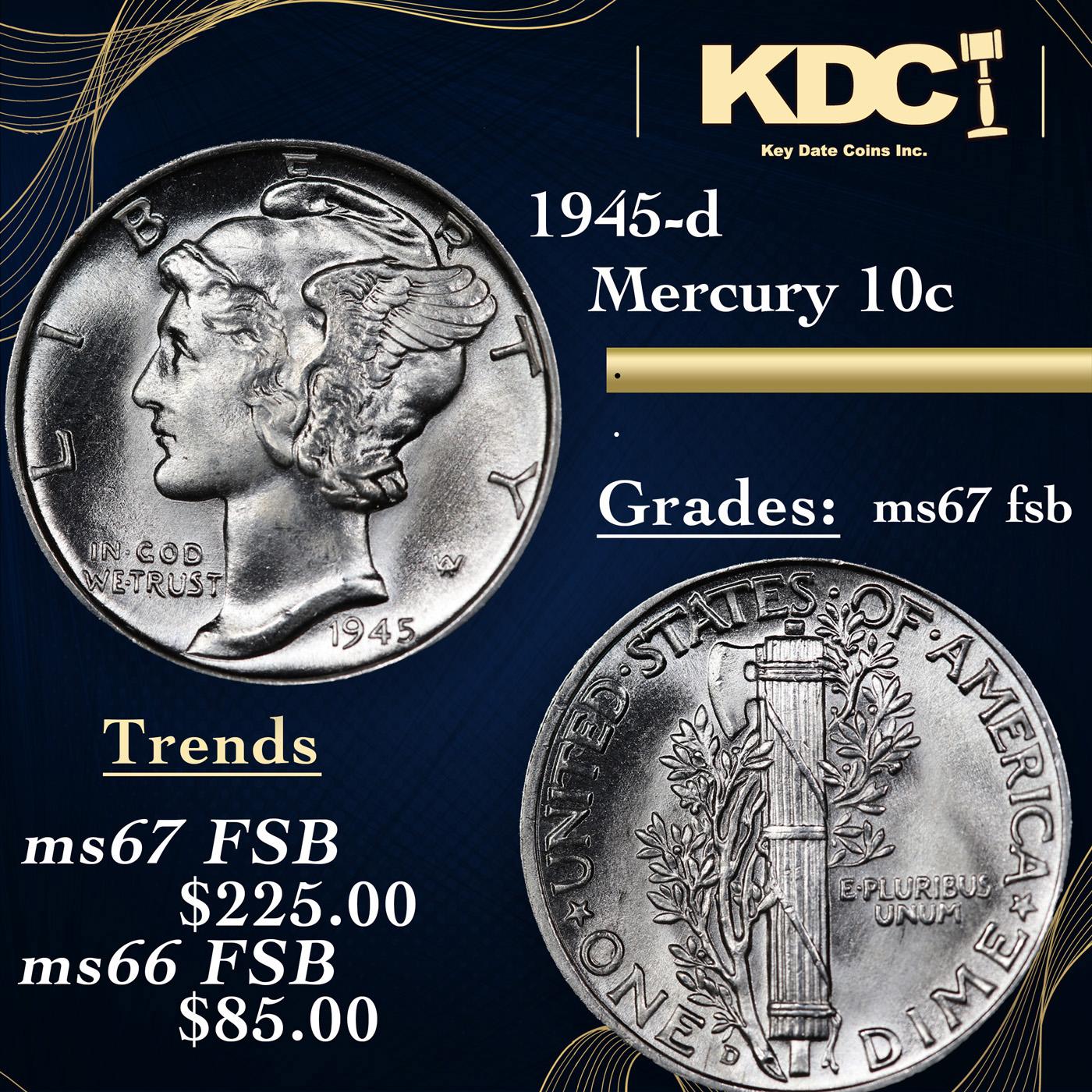 1945-d Mercury Dime 10c Grades GEM++ FSB