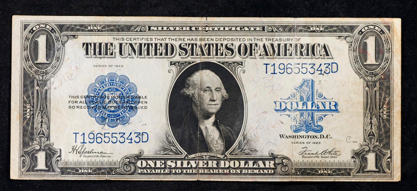 1923 $1 large size Blue Seal Silver Certificate Grades Select AU Signatures Speelman/White