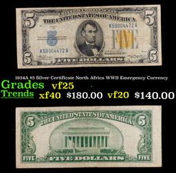 1934A $5 Silver Certificate North Africa WWII Emergency Currency Grades vf+