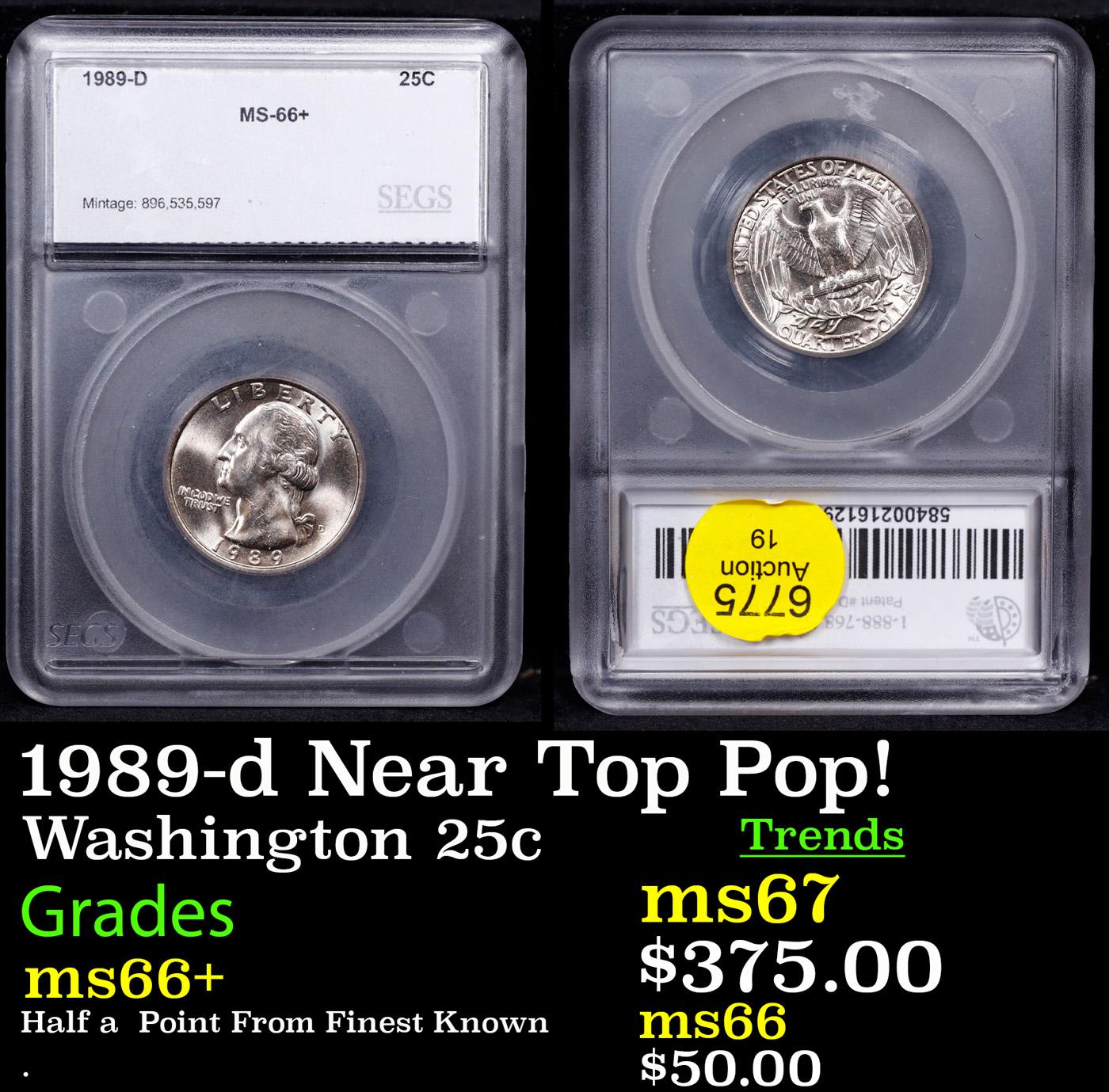 1989-d Washington Quarter 25c Graded ms66+ By SEGS