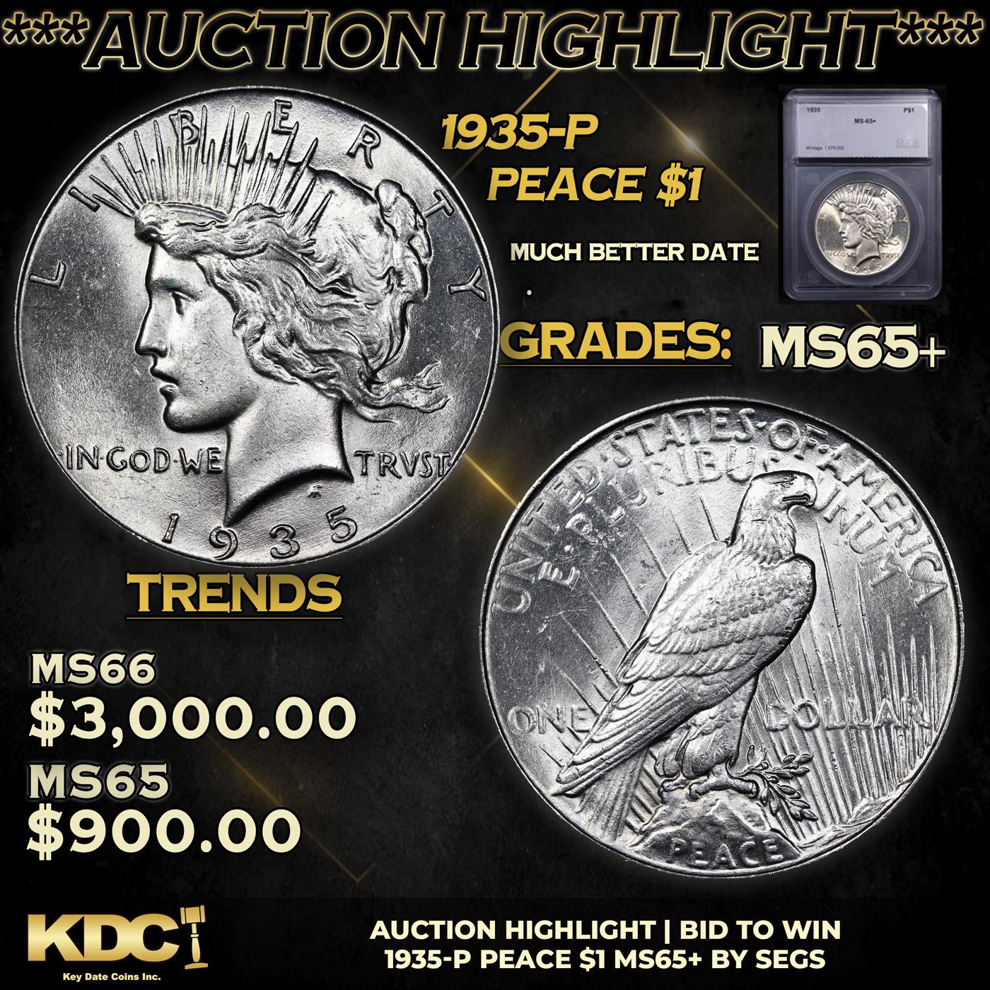 ***Auction Highlight*** 1935-p Peace Dollar $1 Graded ms65+ BY SEGS (fc)